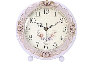 Justup Vintage Wooden Table Clock, Retro Non-Ticking European Style Beside Mantle Desk Clock Battery Operated Silent Quartz Movement for Bedroom Living Room Indoor Decor (White-Rose)