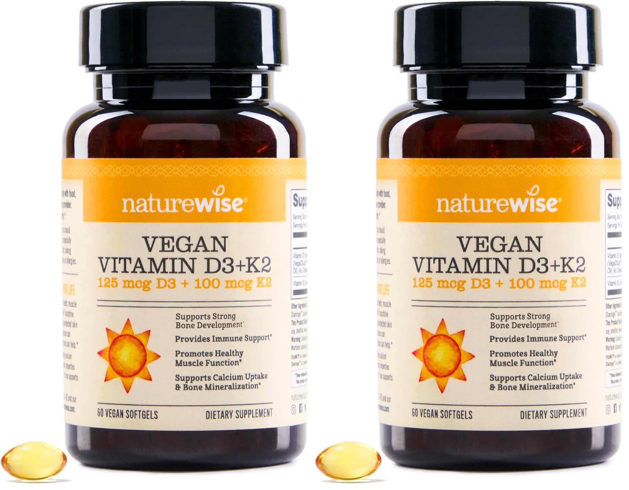 NatureWise Vegan Vitamin D3 + K2 - Natural D3 5000IU + Natural Vitamin K2 100mcg - Bone Support - High Absorption with Organic Cold-Pressed Olive Oil - Non-GMO, (Pack of 2) Image