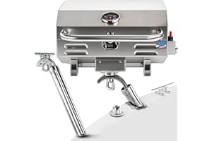 BTG Gear Tailwaves Marine Grill w/Rod Holder Mount | Stainless Steel | Propane BBQ for Boats & Tailgating & Camping | Built in Thermometer | Portable | Fold-away legs