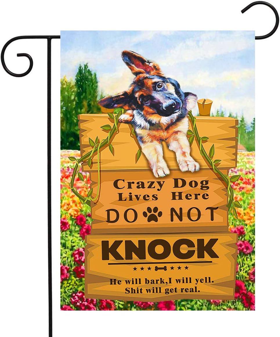 DZGlobal Crazy Dogs Live Here Flag Do Not Knock Sign Flag German Shepherd Garden Flag Dog Yard Flags for Outside Lawn Decor 12 x 18