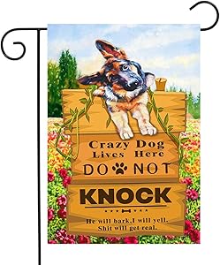 DZGlobal Crazy Dogs Live Here Flag Do Not Knock Sign Flag German Shepherd Garden Flag Dog Yard Flags for Outside Lawn Decor 12 x 18