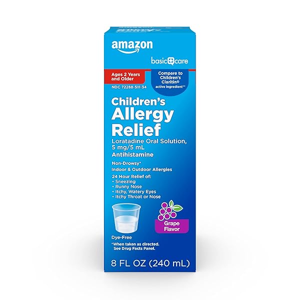 AMAZON BASIC CARE CHILDREN’S ALLERGY MEDICINE, 24 HOUR LORATADINE ORAL SOLUTION 5 MG/5 ML, NON-DROWSY ANTIHISTAMINE, GRAPE FLAVOR, AGES 2 AND OLDER, 8 FLUID OUNCES