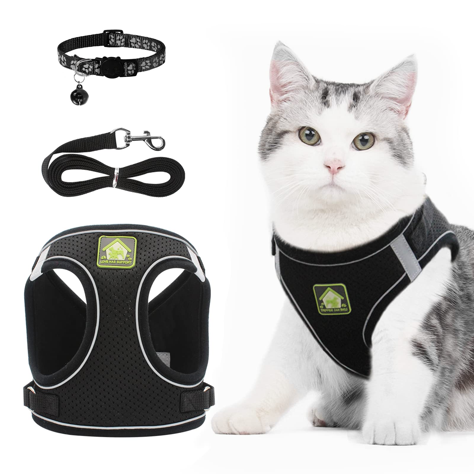 NeuWee Cat Collars Harnesses and Lead Set, Escape Proof Cat Vest with Reflective Stripe and Leash Set, Breathable Jacket for Puppy Dogs Kitten Cats Walking (Black, S) — image 1