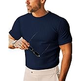 Beotyshow Men's Ribbed Knit T Shirts Short Sleeve Crew Neck Slim Fit Stretchy Muscle Shirts Basic Solid Tee Tops