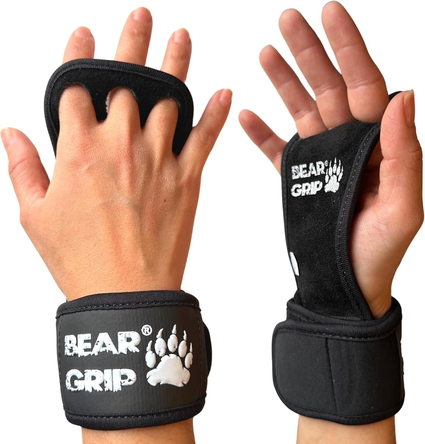 BEAR GRIP - Crossfit Grip (Leather Black 3 Hole integrated Wrist Wrap, XL)