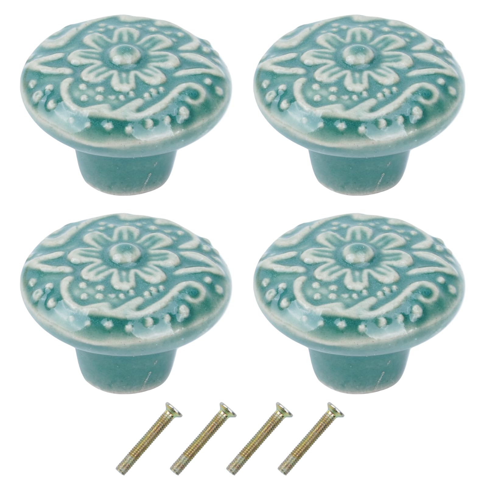 Dibotell Set of 4 Vintage Furniture Knobs, Green Floral Pattern Ceramic Cabinet Knobs with Screws, Round Door Handles for Drawers, Dressers, Kitchen Cabinets, Retro Furniture Knob for Cabinets and