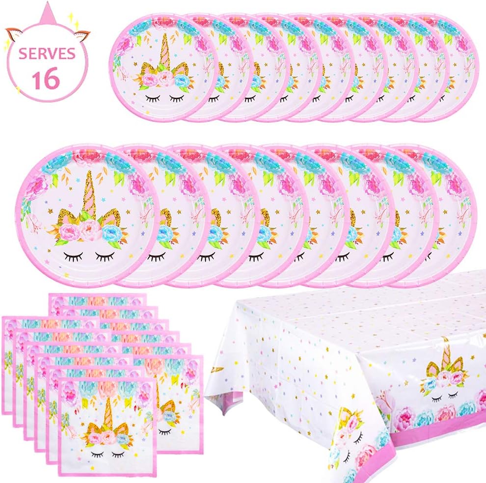 Unicorn Party Supplies Set Including Paper Unicorn Plates Napkins and TableCloth for Magical Birthday Party Serve 16 Guests