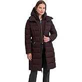 TAHARI Women's Slim Quilted Puffer Coat with Attached Hood, Velvet Bib Insert & Zipper Closure, Merlot, Large