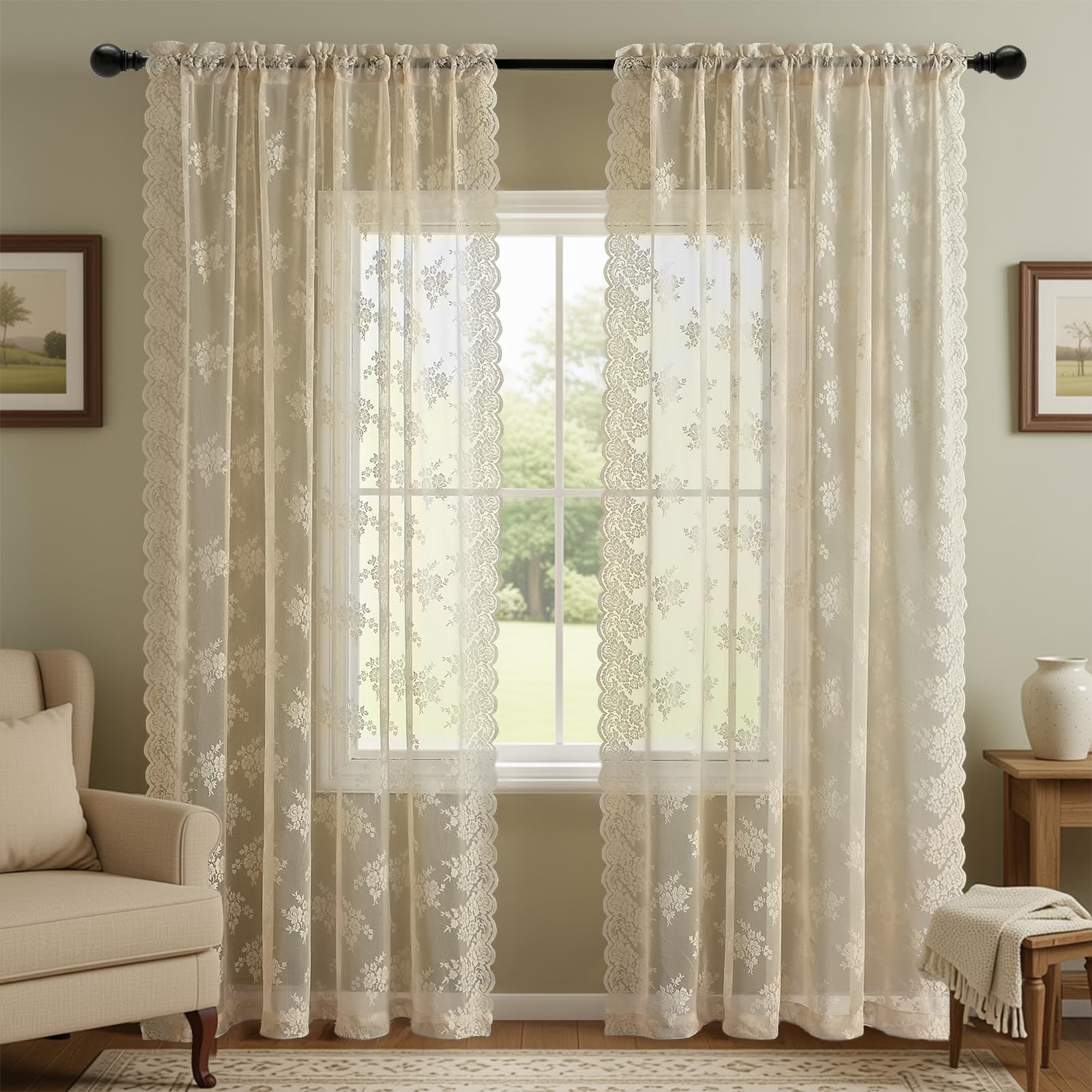 Kotile Extra Long Beige Sheer Curtains 120 Inches Long, 2 Panels Country Rustic Floral Vintage Beige Sheer Lace Curtains for Living Room, Rod Pocket Light Filtering Window Curtain Drapes, 52x120 Inch Image