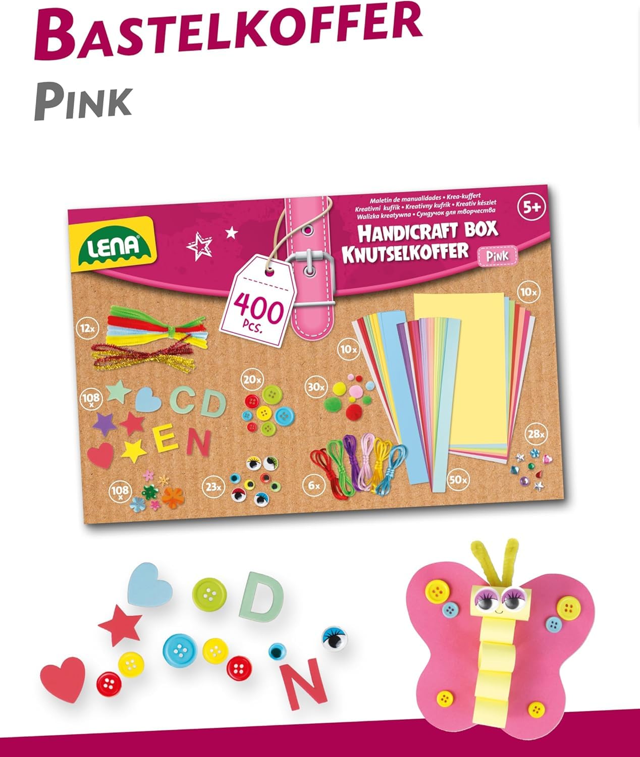 Lena Bastelkoffer mit 400 Teilen, Bastelset bestehend aus Papier, Moosgummi, Pfeifenreiniger, Strasssteine, Wackelaugen, Pompons und Knöpfe, Pink & Lila, geeignet für Kinder ab 5 Jahren 3