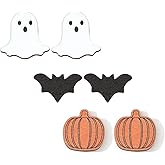 SuoFrun Pack of 3 Pairs Halloween Earrings for Women Pumpkin Ghost Bat Stud Earrings Halloween Eve Party Lightweight Wood Earrings Set Jewelry