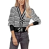 Hacikis Womens Striped Bow Cardigan V Neck Long Sleeve Ribbed Knit Cute Color Block Cropped Y2k Pullover Sweaters