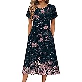 HOTOUCH Women's Summer A-Line Midi Dresses 2026 Casual Floral Short Sleeve T-Shirt Dress Flowy Beach Sundress with Pockets