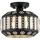 Zlepmlla Semi Flush Mount Ceiling Light, Black Metal Frame with Crystal Shade, Modern Farmhouse Flush Mount Light Fixture for