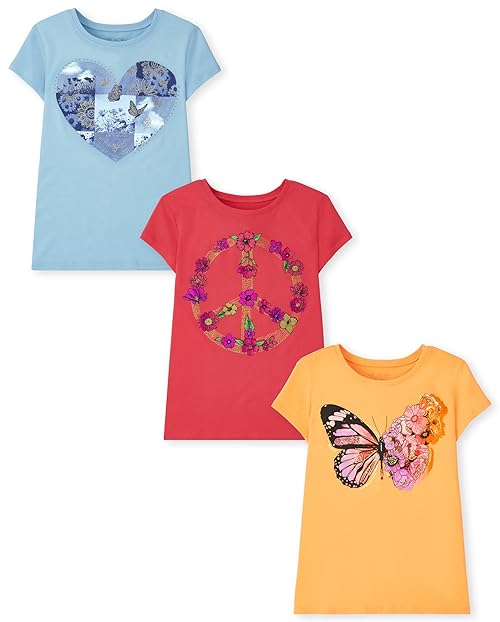 The Children's Place Girls Short Sleeve Graphic T- Shirt 3-PackButterfly/FloralMedium (7/8)