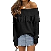 EVALESS Womens Off The Shoulder Sweater Fall Fringe Long Sleeve Loose Pullover Sweaters Tops
