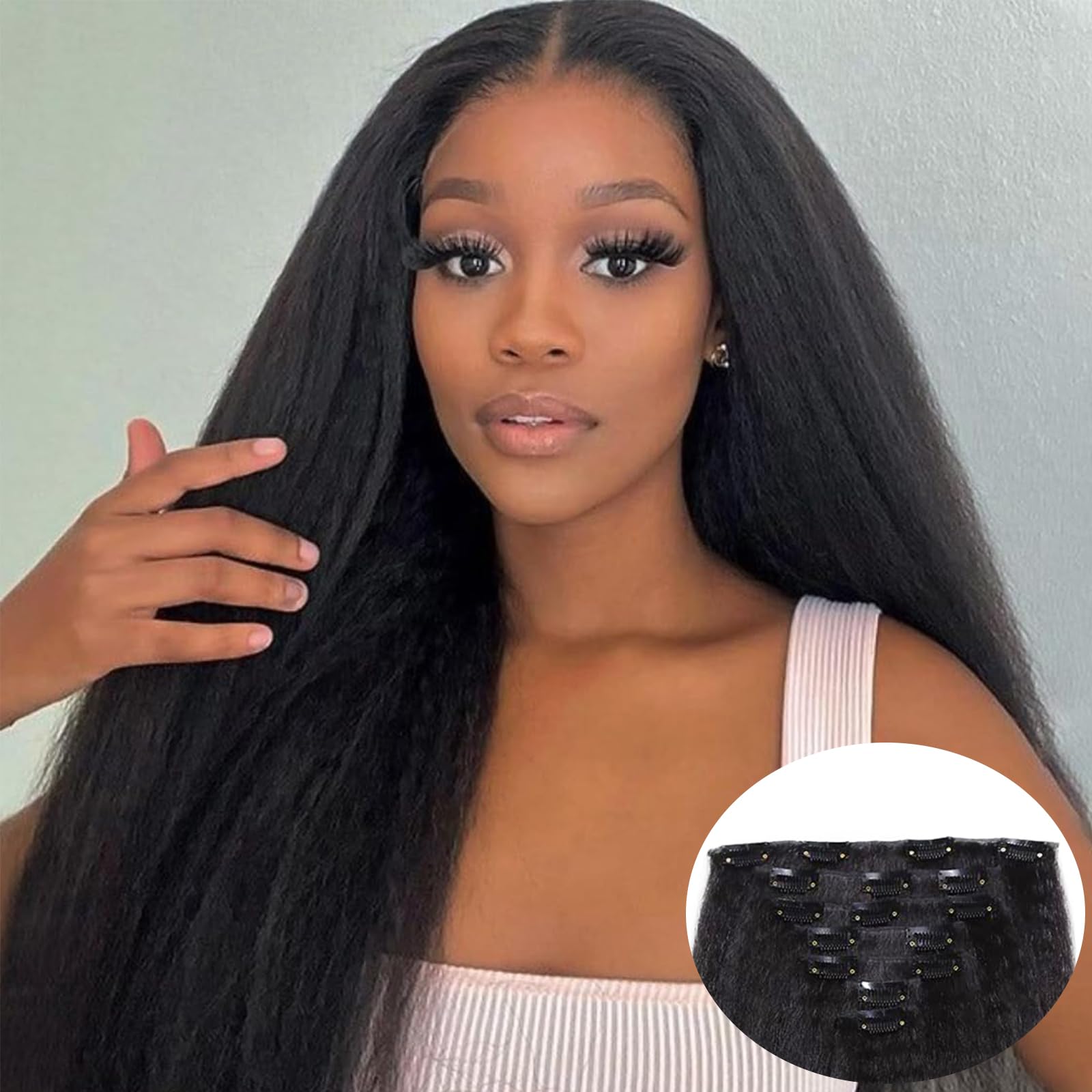 Photo 1 of Yargel Hair 22 Inch 2 Pack Kinky Straight Clip in Hair Extensions for Black Women Yaki Straight Clip ins Full Head Seamless Synthetic Hair Pieces(14 Pcs/Set 32 Clips)