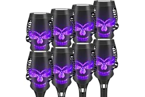 Liveasily 8 Pack Solar Torch Skull Light with Flickering Flame, Outdoor Waterproof Solar Halloween Skull Lights Decorations, Solar Torches Landscape Pathway Lights for Halloween Decor (Purple)