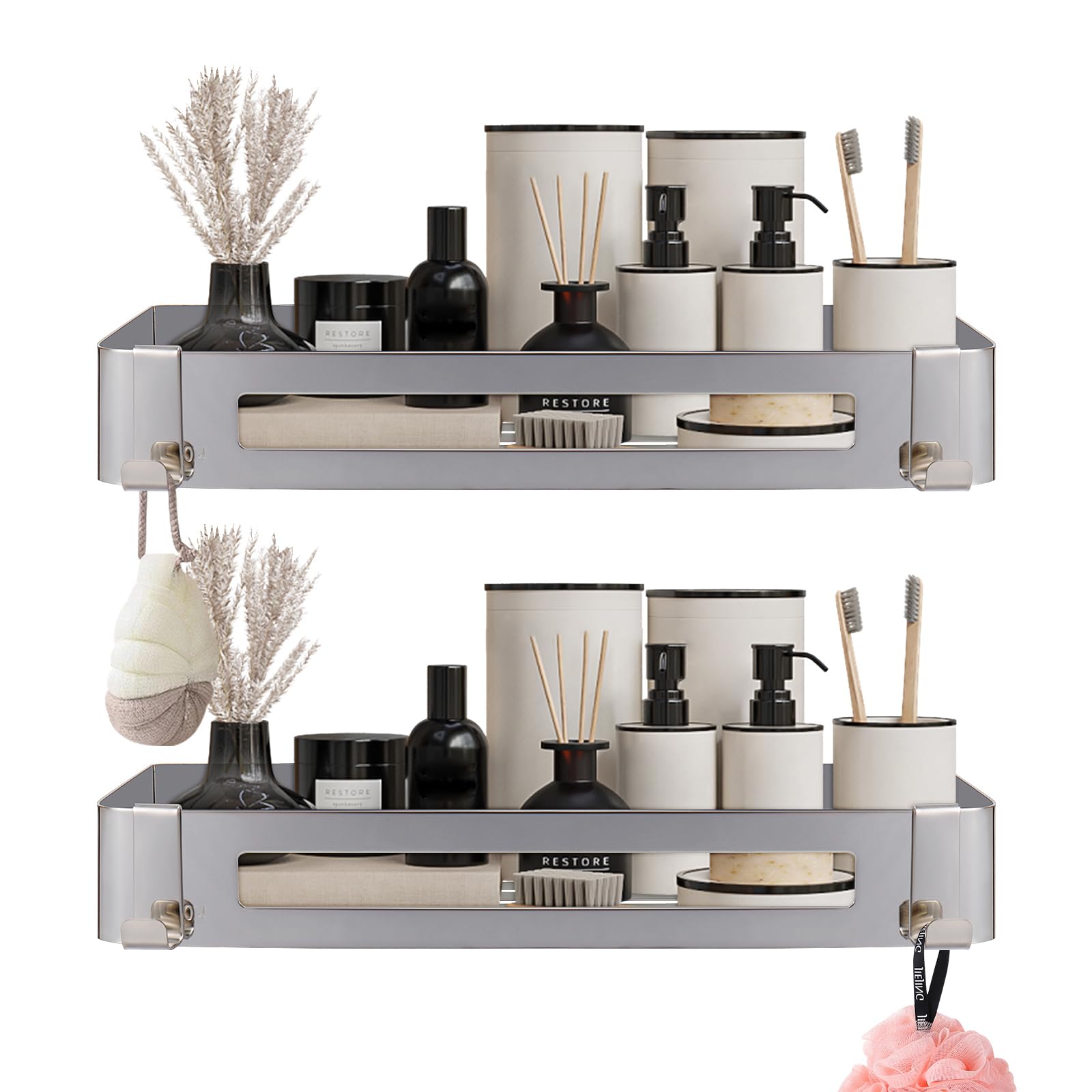 Photo 1 of NearMoon Bathroom Shower Caddy 2 Pack, No Drill 304 Stainless Steel Shower Organizer with 2 Hooks (Shower Shelf, Chrome)