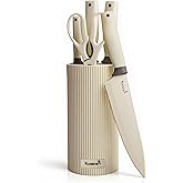 KUISINE Upgraded Sharp Chef Knife Set,High Carbon Stainless Steel Ergonomic Handle Knife Set with 3-hole Bottom Block,Easy to Drain and Clean(Ivory Silver Pro,6PCS)