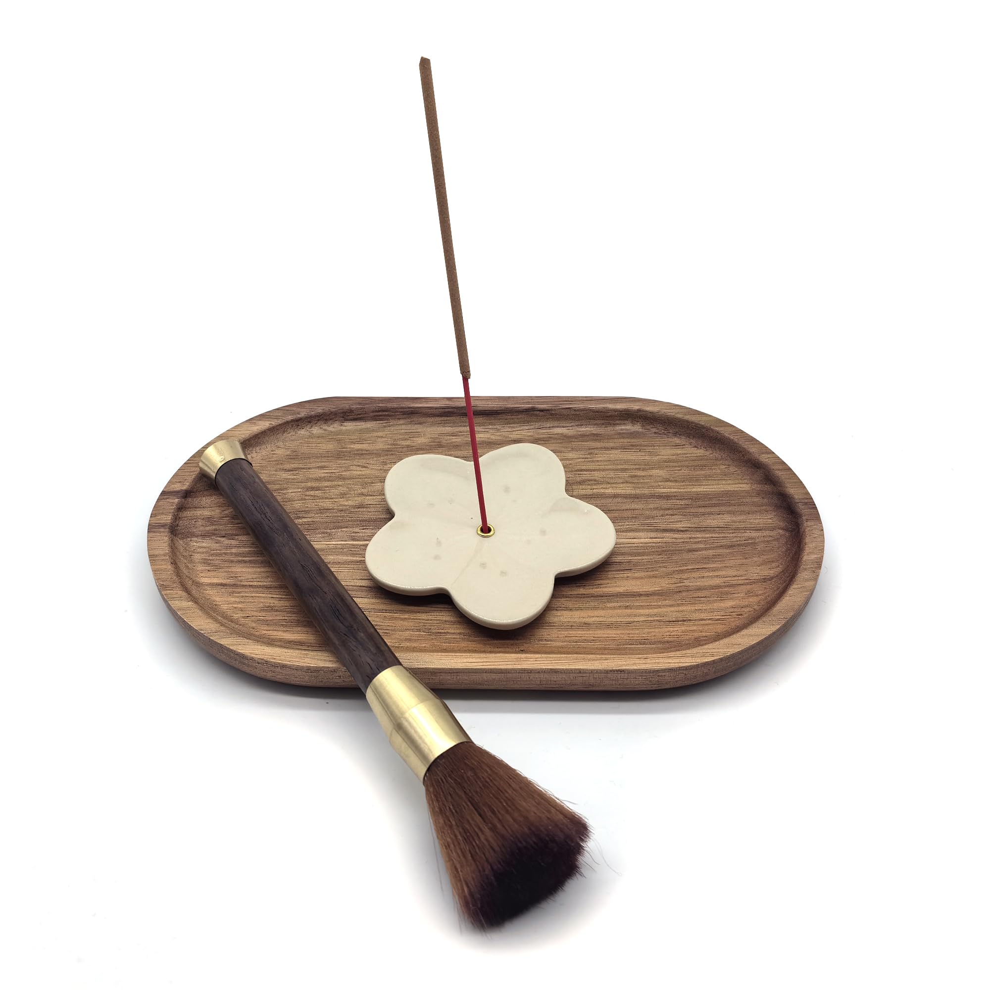 Photo 1 of 3-in-1 Incense Holder Set – Ceramic Incense Holder & Burner for Sticks – Flower-Shaped Design with Wooden Ash Catcher Tray & Cleaning Brush – Home Decor & Meditation