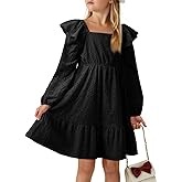 DOKOTOO KIDS Girls Eyelet Cotton Dresses 2025 Ruffle Casual Puff Long Sleeve A-line Dress for 6-13 Years