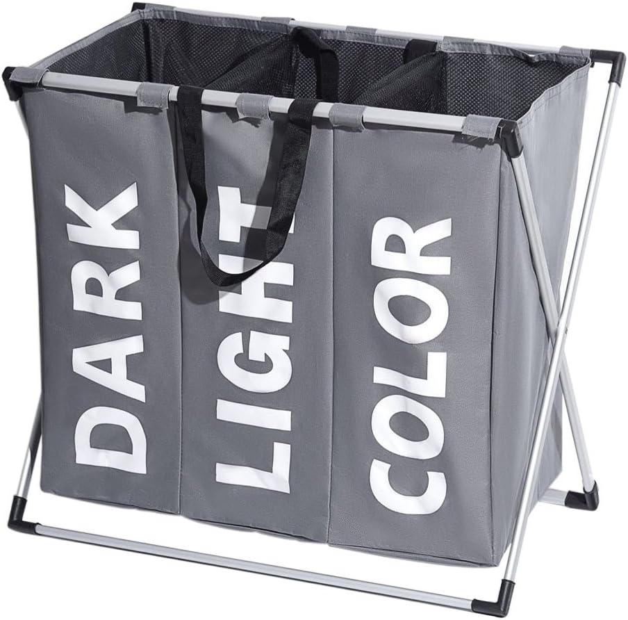 Enerhu 3 Sections Laundry Hamper Basket with Handle Dark Light Color Large Laundry Caddy Bag Folding Aluminum X-frame Dirty Clothing Sorter Home 64x38x58cm/25x15x23inch