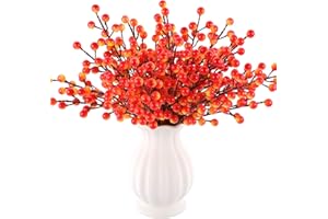 Rowfad 40 Pcs Artificial Berry Stems Branches, Fall Halloween Faux Holly Berries Branches Ornaments for Christmas Tree Wreath DIY Craft Decorations Holiday Home Decor (40, Orange)