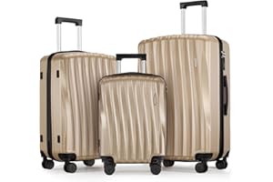 3 Piece Luggage Set (19+23+27) ABS Hardside Suitcase Sets Seashell Arc Shape Checked Travel Suitcase Sets with Spinner Wheels