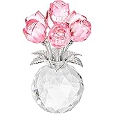Hedume Crystal Rose Bouquet Flower Figurine with Round Vase, Handmade Pink Crystal Rose Flower Gifts for Valentine's Day, Mother's Day, Christmas, Birthday, Anniversary, Wedding Home Decorations