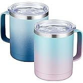MEWAY 12oz Coffee Mug With Handle 2 Pack Bulk,Stainless Steel Insulated Travel Tumblers With Sliding Lid,Double Wall Vacuum Camping Cup for Hot & Cold Drinks Tea (Bubble Gum&Blue Waves,Set of 2)