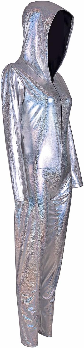 One BFD Shiny Irredescent Long Sleeve Hooded Footless Dance Catsuit Unitard. Fish scale Printed Bodysuit Jumpsuit All In One Dancewear Metallic Wet Look Ladies Girls Many Sizes And Colours Cool Wash Festival Wear Metallic Catsuit Gymnastic Leotard Unitard