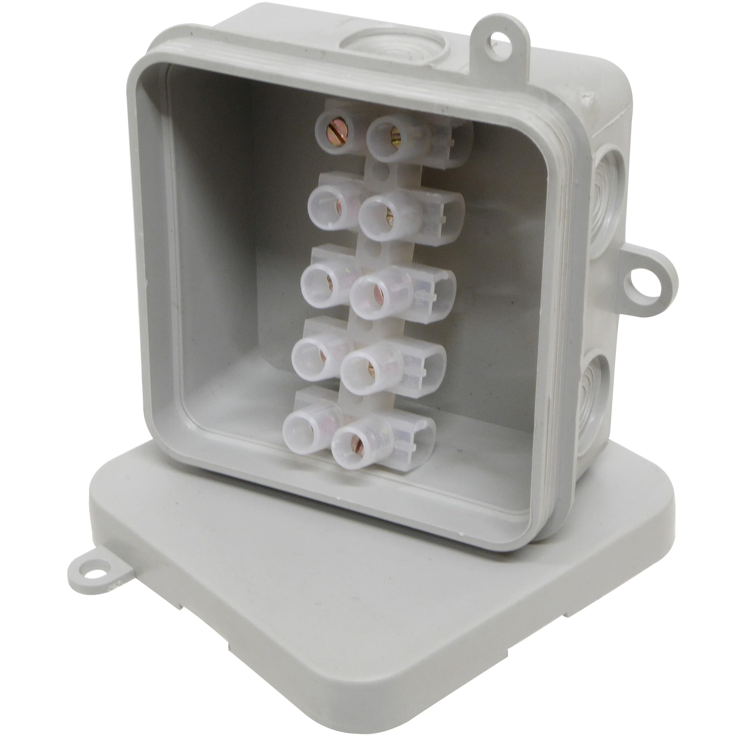 IP44 Junction Box with Push on Lid and 15A 5 Way Strip Connector for Electrical Wiring and Lighting - Indoor or Outdoor - 65mm