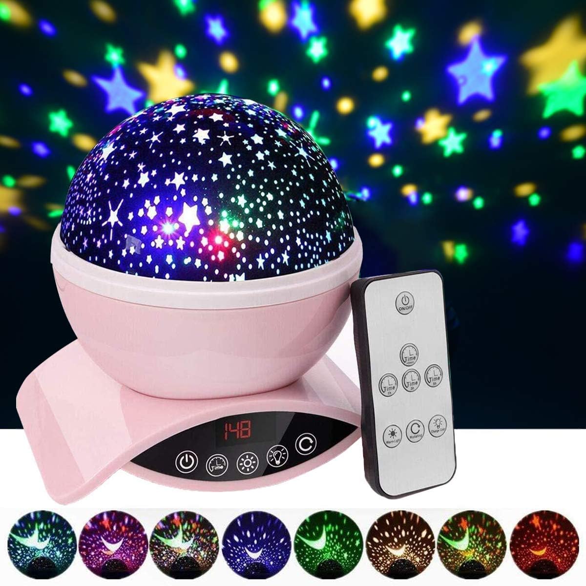 Aisuo Night Light, Star Light with Auto Shut Off Timer, 7 Color Rotating Options, Rechargeable Lithium Battery & Remote Control, Dimmable Function, Room Decor.(Pink)