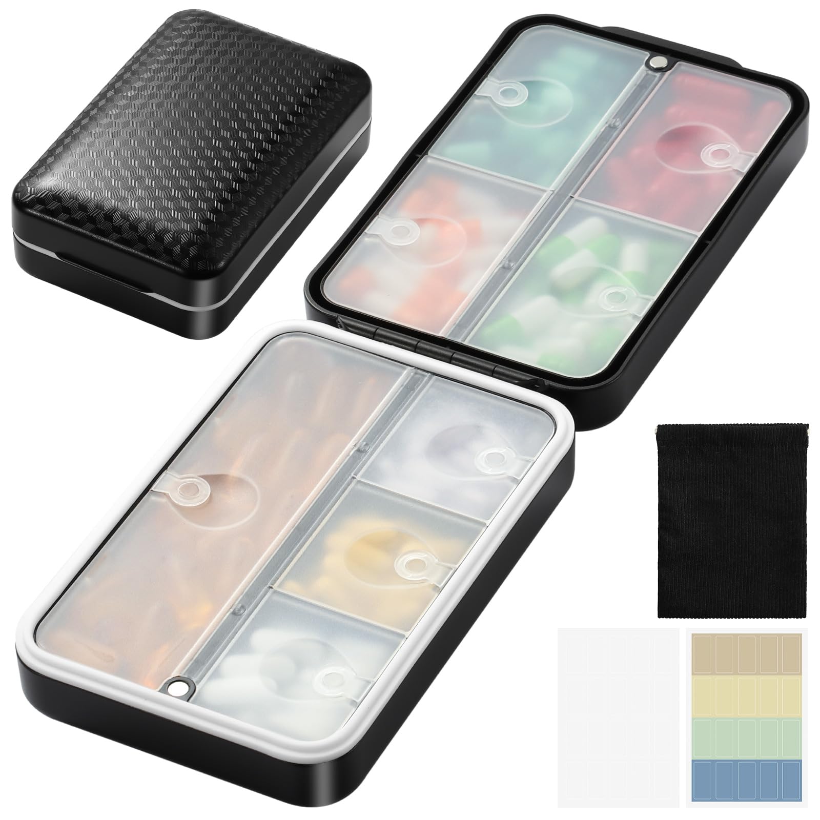 Photo 1 of Travel Pill Organizer, Pill Organizer Travel with Labels and Storage Bag, 8 GRIDS Large Travel Pill Box, Moisture-Proof Airtight Daily Pill Case for Vitamin, Medicine, Fish Oil/Supplements, Black