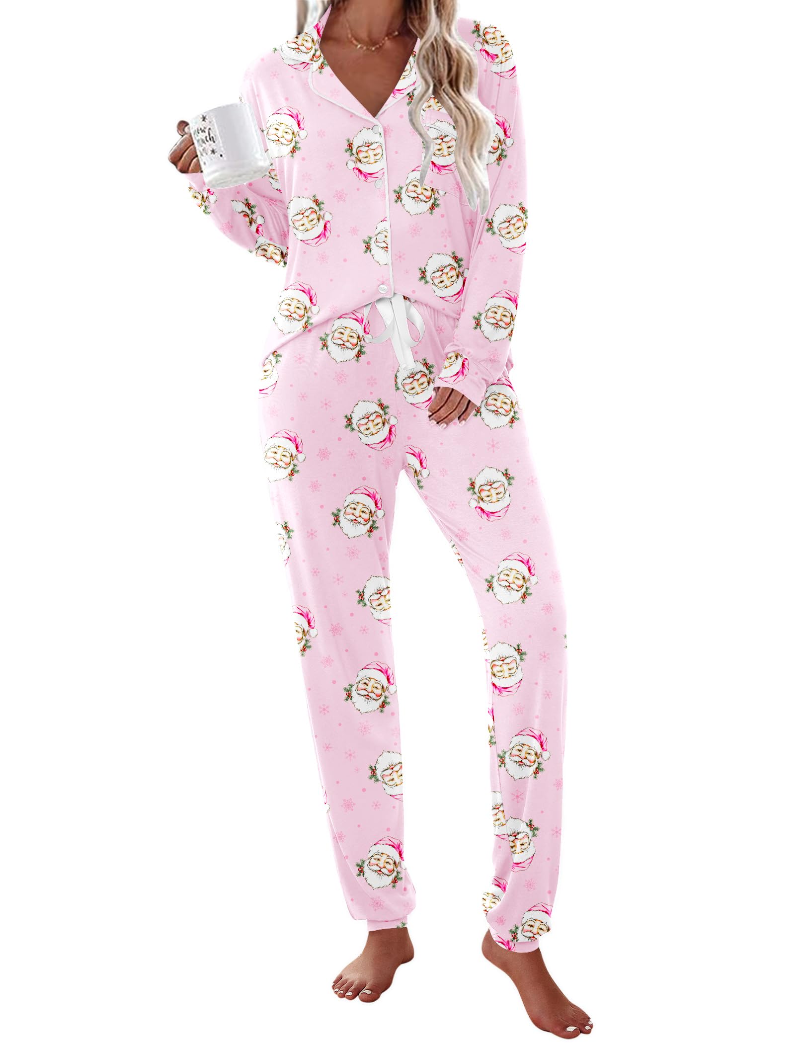 Ekouaer Pajamas Set Long Sleeve Sleepwear Womens Button Down Nightwear Soft Pj Loungewear with Pockets,Pink Santa,M Image