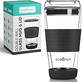 ecoBrew 16oz Double Wall All Glass Tumbler with Lid, Glass Travel Mug, Dishwasher Safe & Microwavable Clear Coffee Tumbler To Go, Reusable Ceramic Cup with Lid, Black