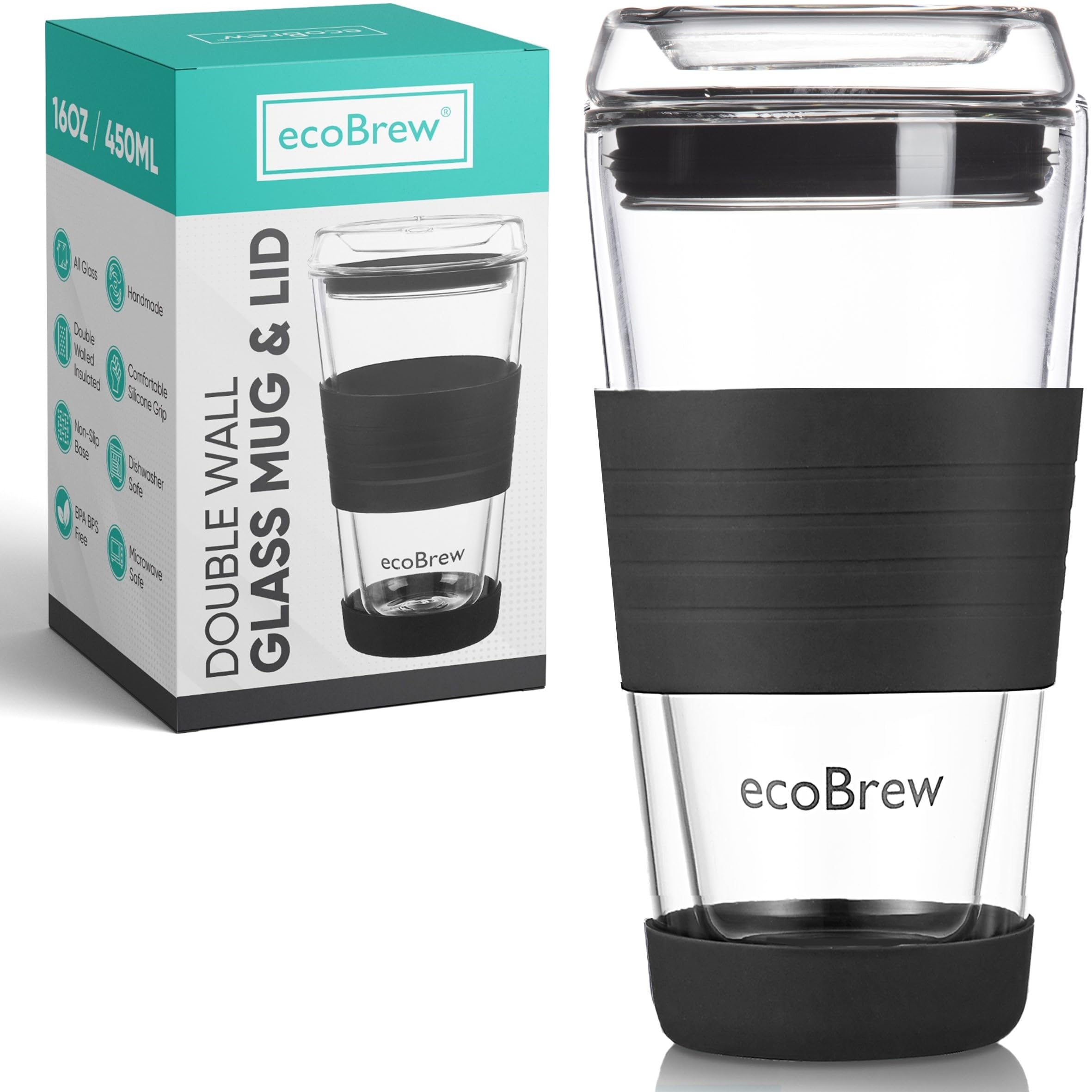 Photo 1 of ecoBrew 16oz Double Wall All Glass Tumbler with Lid, Glass Travel Mug, Dishwasher Safe & Microwavable Clear Coffee Tumbler To Go, Reusable Ceramic Cup with Lid, Black