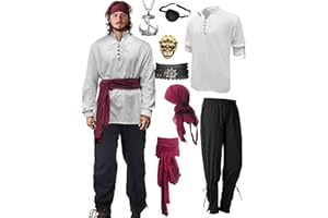 Verceco Mens Pirate Costume Outfit Renaissance Costume Men Medieval Outfit With Pirate Pants Shirts Sash Accessories