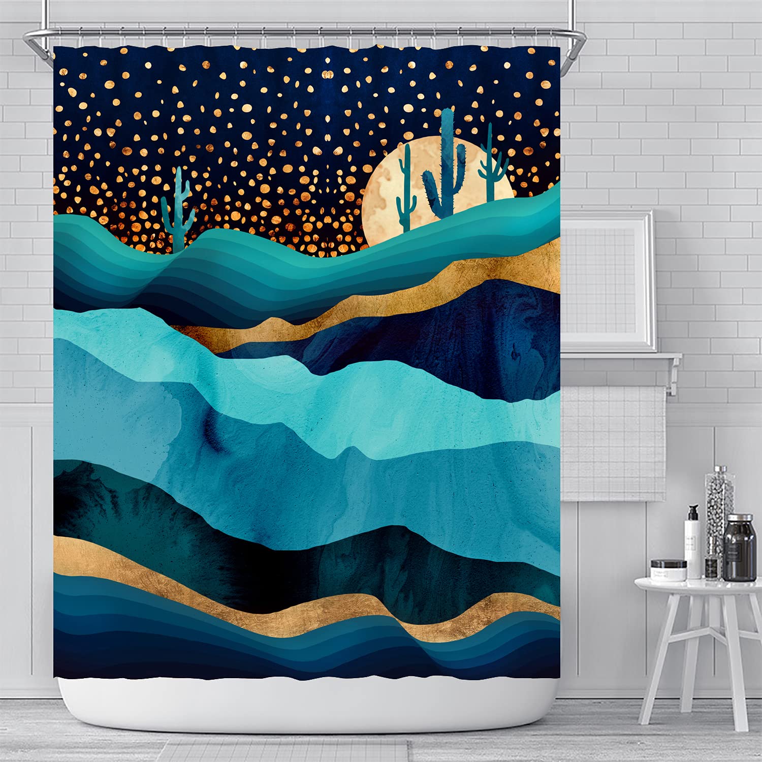 YULUOSHA Moon Starry Landscape Shower Curtain Summer Tropical Plant Desert Shower Curtain Abstract Waterproof Bathroom Decor with Hooks Waterproof Washable 72 x 72 inches-Teal blue Black