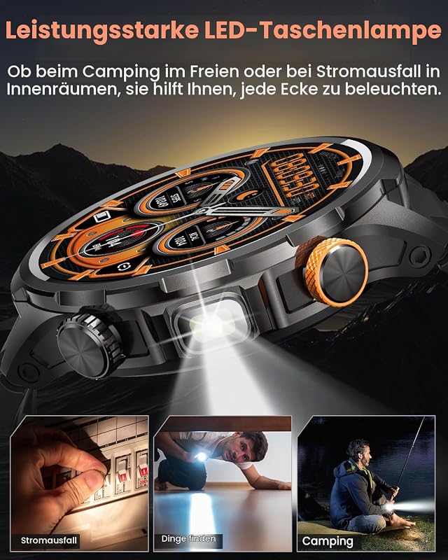 Smartwatch Herren Militär mit 1000mAh und LED Taschenlampen (Orange) — Foto 4 von 8