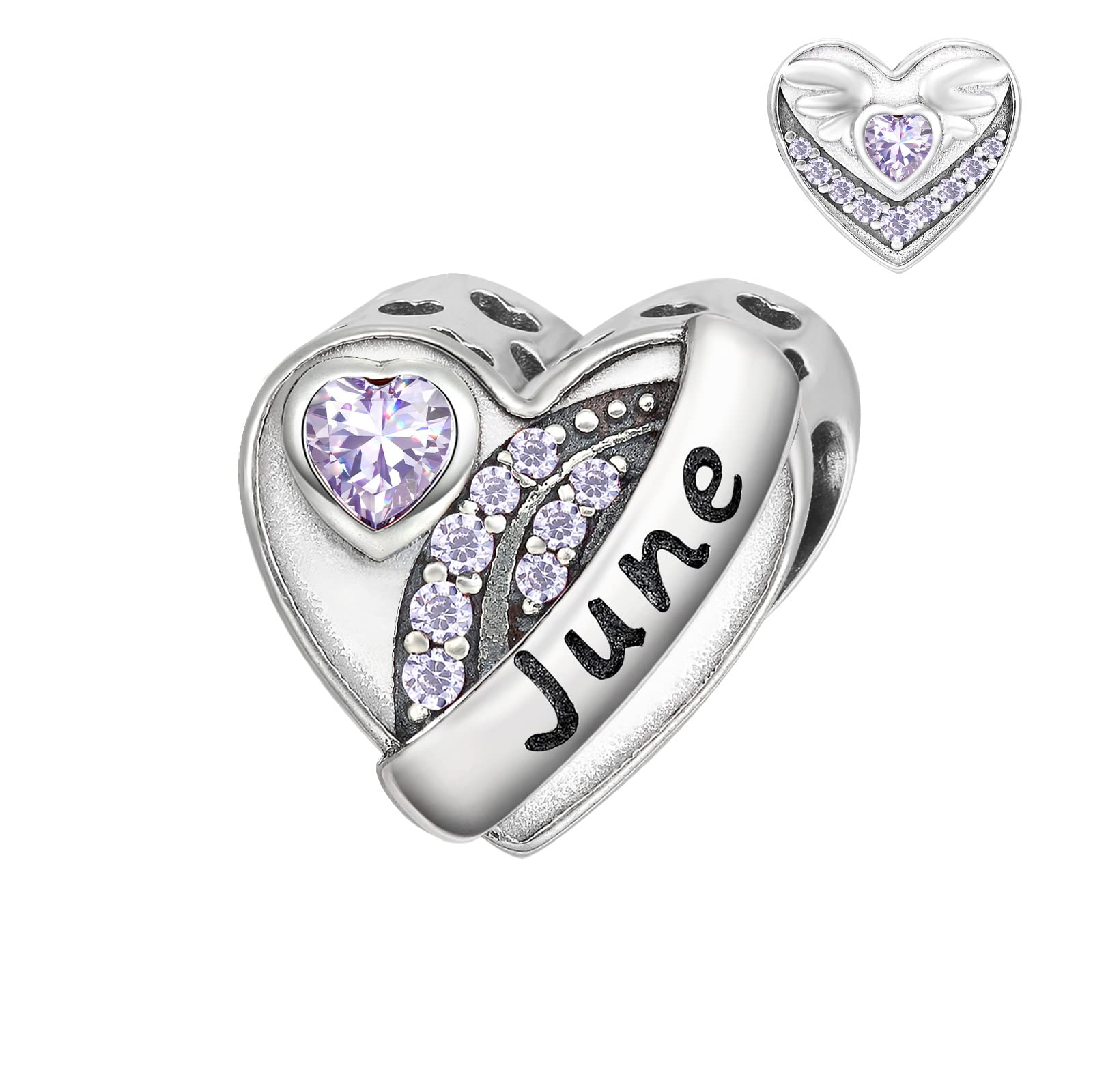 Qings June Birthstone Charms for Bracelet Sterling Silver 925 Love Heart Alexandrite Birth Stone Angle Wing Cubic Zirconia Bead Charm Fit for Bracelets Necklace Birthday Jewellery Gifts for Women