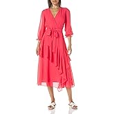 Maison Tara Womens 3/4 Sleeve Ruffle Front Faux Wrap Midi Dress