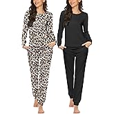 Ekouaer 2 Pack Pajama Sets for Women,Long Sleeve Top With Jogger Pants Lounge Set Sleepwear with Pockets