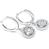 Elegant Silver Plated Drop Hoop Earrings for Women – Round Cubic Zirconia Dangle Earrings with Baguette Stones.KT0057