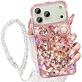 AuroiCCY for iPhone 17 Pro Max Bling Diamond Case, Cute 3D Luxury Sparkle Glitter Crystal Rhinestone Butterfly Flower Charm Case Cover with Wrist Strap Lanyard for Girls Women, Pink