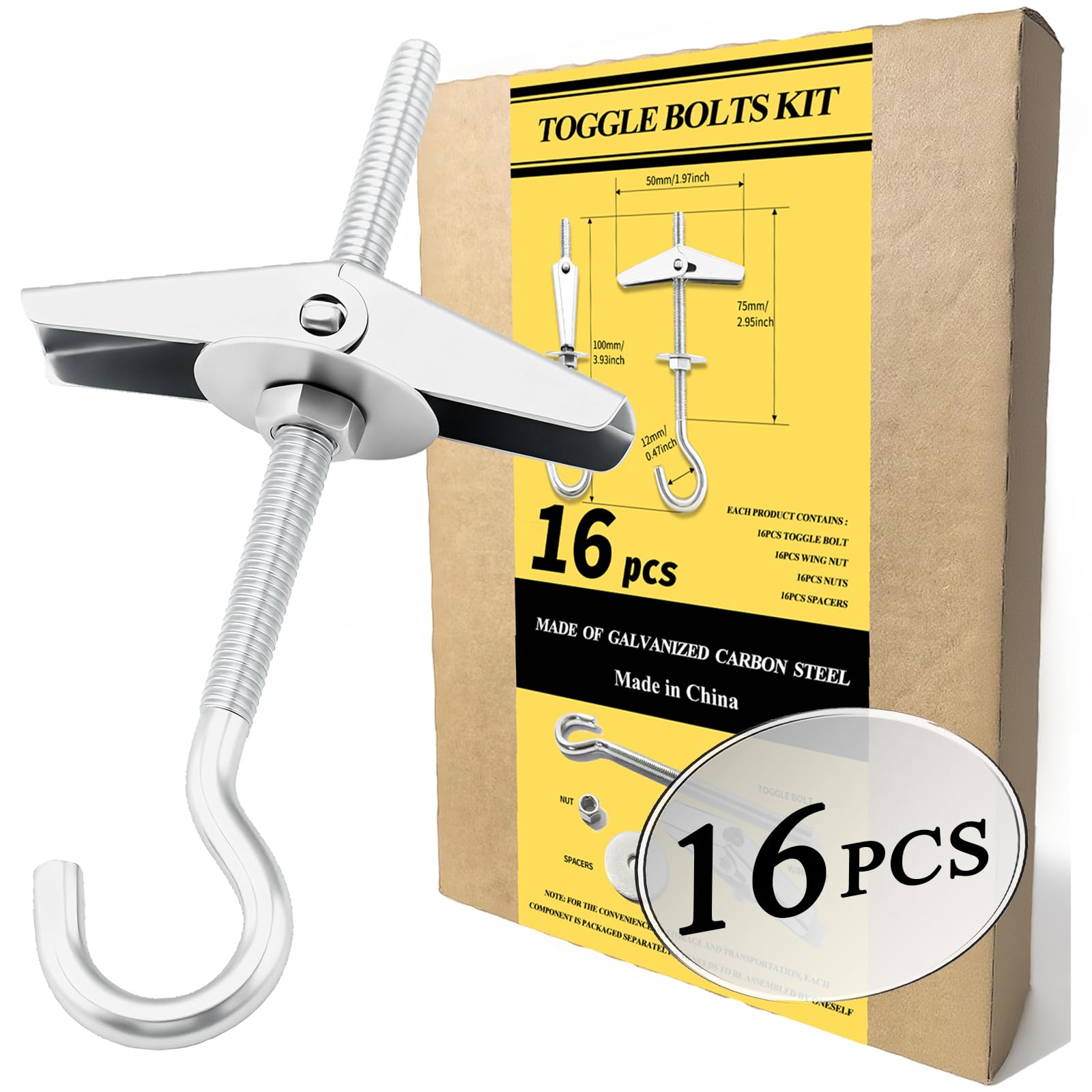 Photo 1 of 1/5" Heavy Duty Hook Toggle Bolts Set - 16 Packs Swag Hooks for Hanging Plants, Toggle Hooks Anchors for Drywall Hollow Walls & Heavy Hanging, Ceiling Anchors Hook Bolt Screw Kit (16)