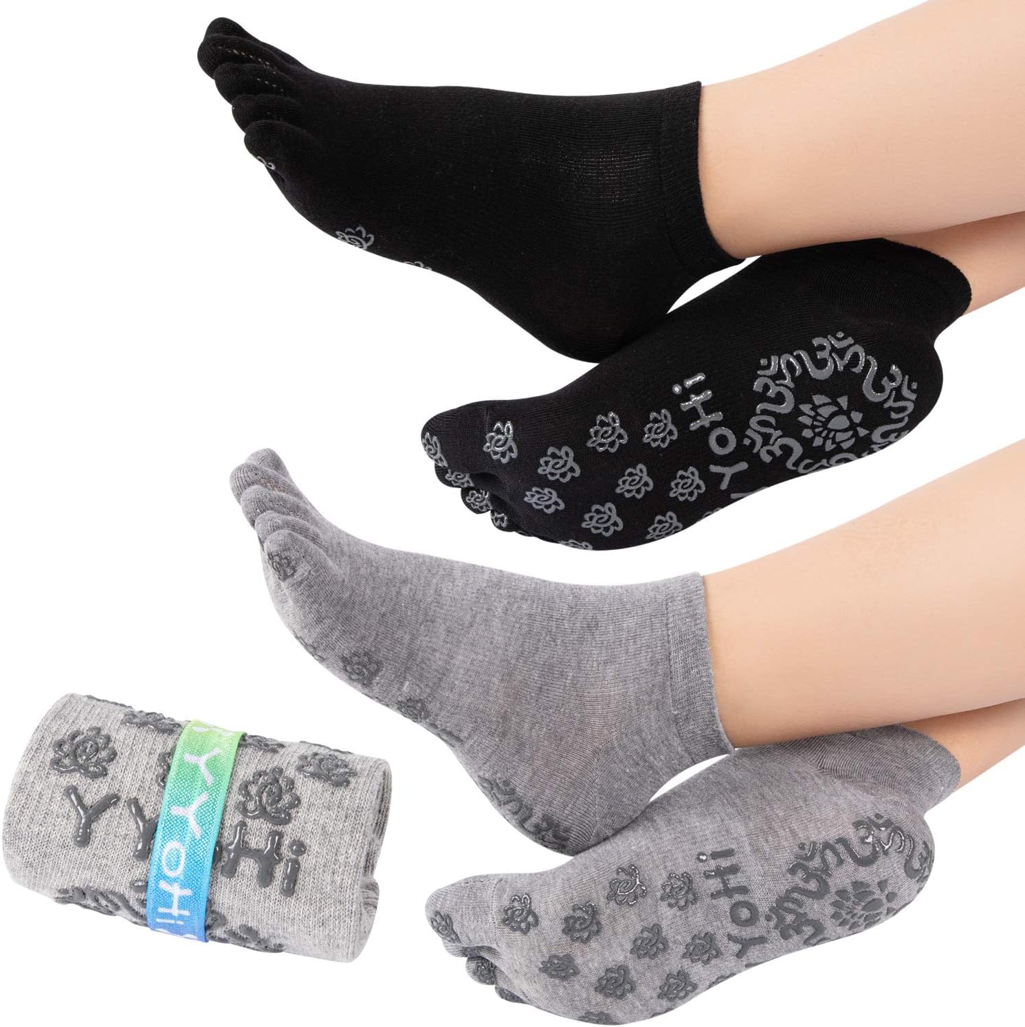 Womenโs 5 Finger Socks, Lightweight Cotton Full Toe Non-Slip Grips Ankle Yoga Socks(2pp)