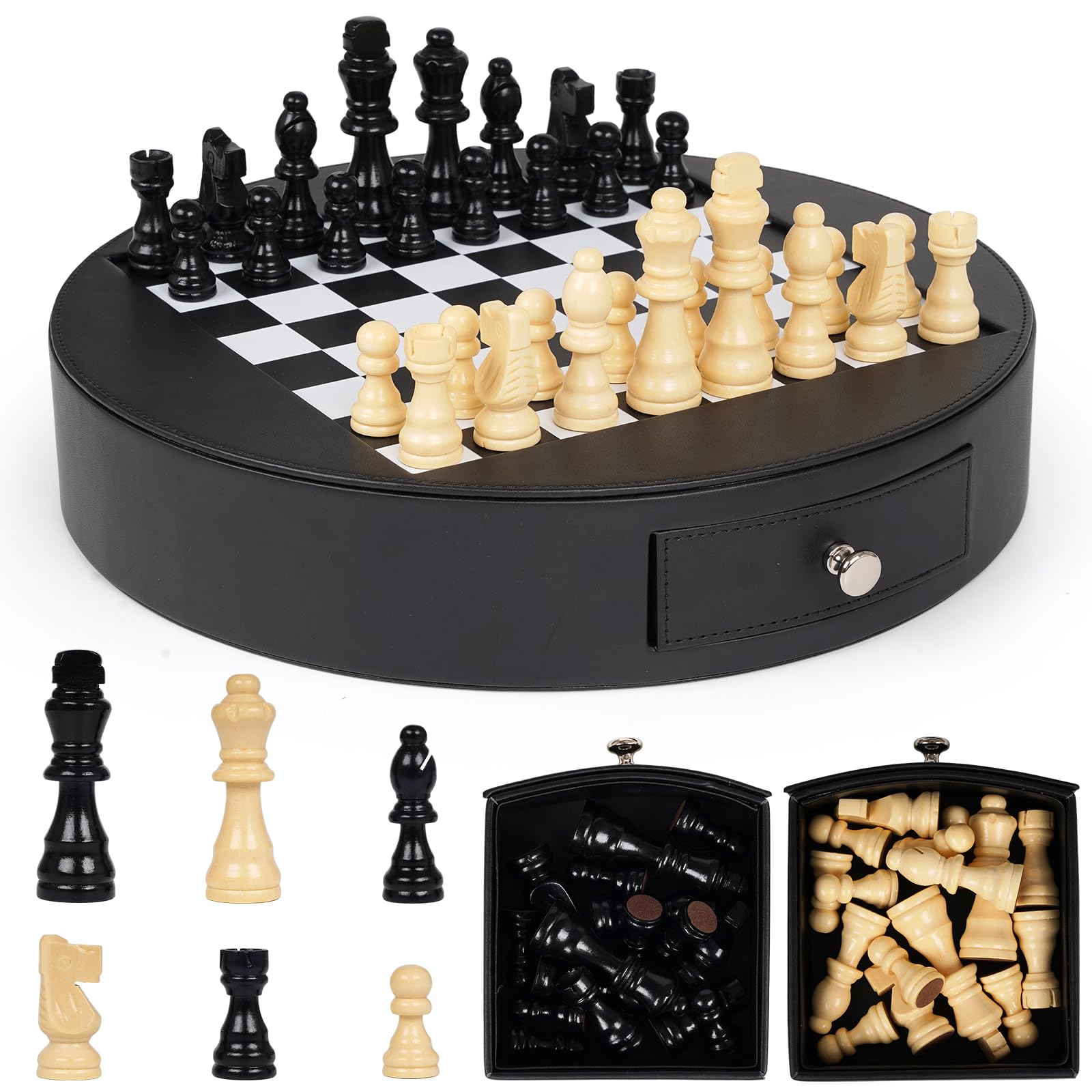 Photo 1 of 13-Inch Leather Chess Set with Wooden Chess Pieces,Portable Chess Board with Storage Drawer, Classic Strategy Board Game for Adults and Kids, Elegant Gift for Family and Friends