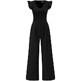 PRETTYGARDEN One Piece Jumpsuits For Women Dressy Ruffle Cap Sleeve V Neck Ribbed Knit Wide Leg Romper Casual Spring Outfits